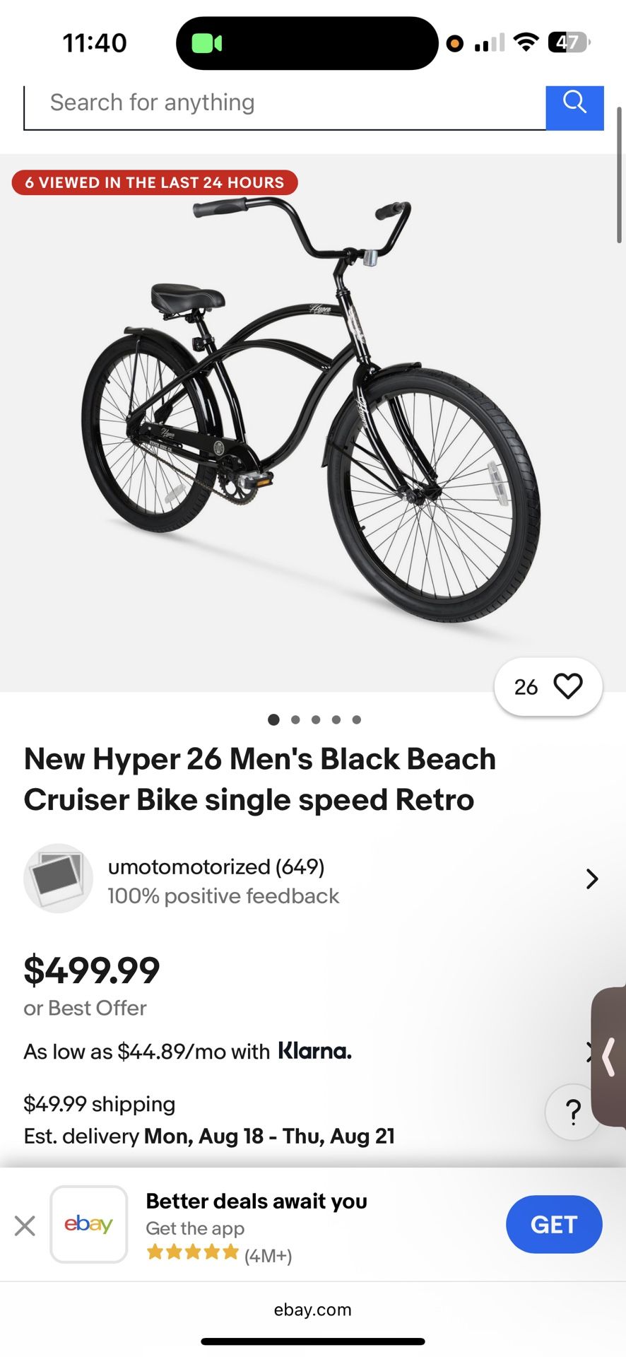 New Hyper 26 Men's Black Beach Cruiser Bike single speed Retro