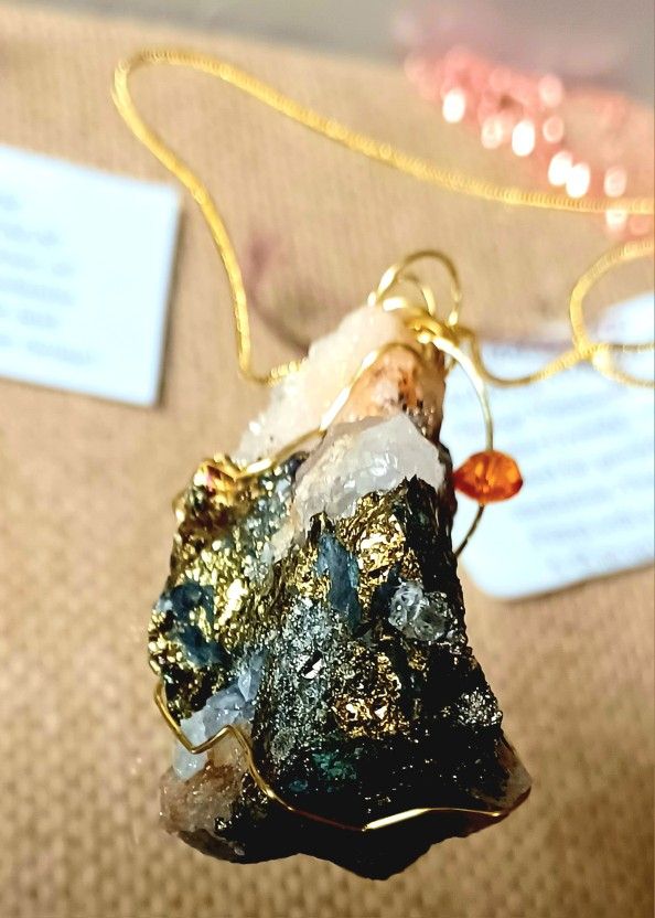 NEW ONE OF A KIND JEWELRY DESIGNED PYRITE ORE, ARAGONITE STAR CLUSTER, RARE ORANGE~HUED CREEDITE HEART, GREEN CHALCOPYRITE, BARITE TIGEREYE!