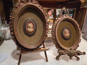 Pair of Ornate Gold Oval Cameo Framed Art