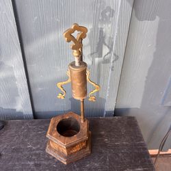 Antique Italian Mechanical Table Corkscrew Wine Opener Brass Wood Stand Barware