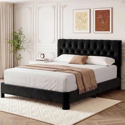 2610a $110 Queen Upholstered Bed Frame, Black Velvet Cloud Platform Bed Adjustable Tufted Headboard, Curved Anti-Collision Leg, Solid Wooden Slats, N
