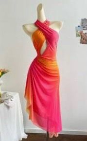 Sunset Ombre Cutout Halter Midi Dress | Pink Orange Y2K Vacation Party