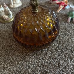 Vintage Amber Gold Glass Candy Dish with Lid