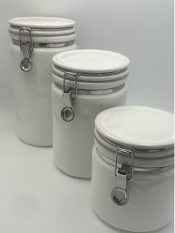 Set of Bee House Kitchen | Vintage Nob Bee House Japan White Ceramic Airtight Canisters—Sm, Med, Lrg