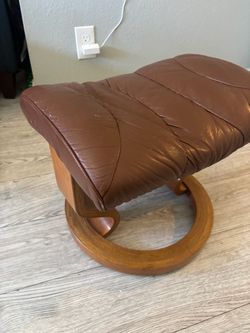 Brown Leather Ottoman with Wood Base