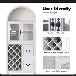 New in Box Multifunctional Arched Farmhouse Wine Cabinet with Removable Shelves & Vintage Black Handles