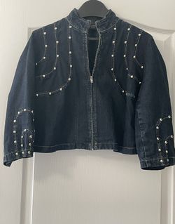 Blue Denim Stud Embellished Cropped Jacket