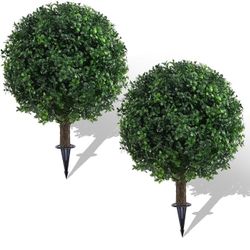 Set of 2 Artificial Boxwood Trees, Synthetic Greenery Bushes