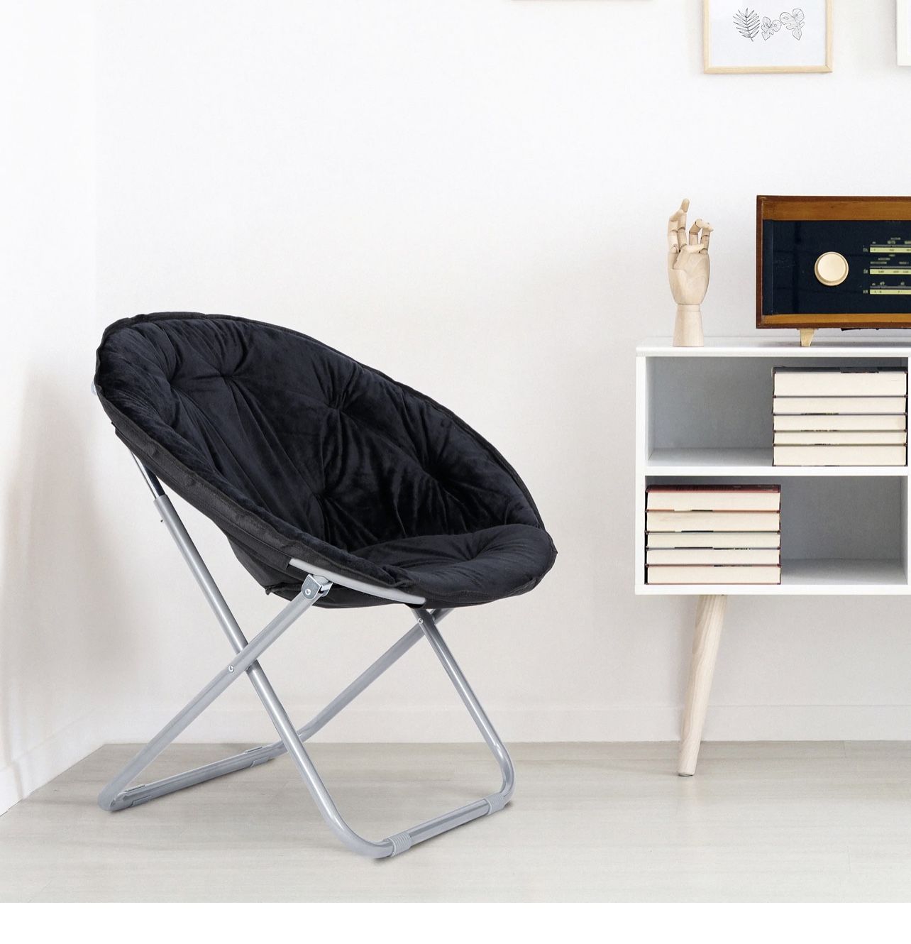 ZENY™ Folding Saucer Chair, Adults Kids Portable Faux Fur Saucer Chair, Black