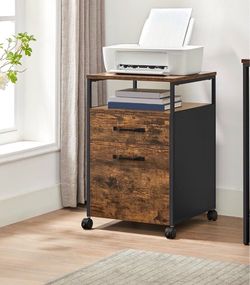File Cabinet, Mobile Filing Cabinet with Wheels, 2 Drawers, Open Shelf, for A4, Letter Size, Hanging File Folders, Rustic Brown and Ink Black UOFC71X