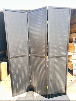 3-Panel Pegboard Display Folding Screen Black