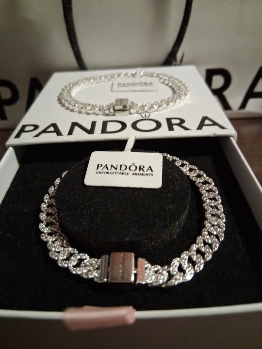 Pandora Authentic Timeless Brand New Sterling Silver Cuban Pave Link Chain Braclets 7 W/box