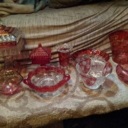 Crystal Glass Collection, Cranberry, Vintage.  9 Pieces Set.