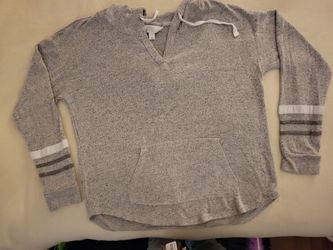 Market & Spruce Women’s Large Gray Hoodie Striped Sleeve Pullover Soft Knit