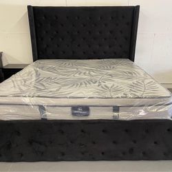 Black Platform Upholstered King And Queen Size Bed Frame