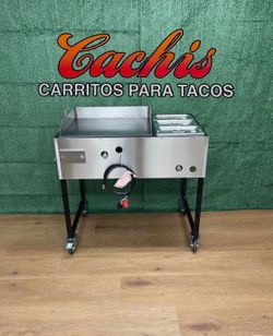Plancha de 24” | 3 Charolas Baño Maria | Incluye Manguera Con Regulador | Patas Desmontable