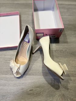 Nina Florice-LS Ivory Satin Peep Toe Bow Heels Size 8M Bridal Wedding Shoes