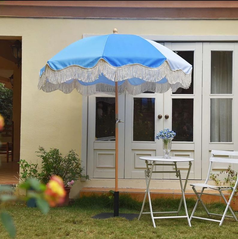 Palm Springs Wooden Patio Umbrella with Fringe 6ft Tilt PS6-03 - Theme Decorative Patio Umbrella - Summer Sale