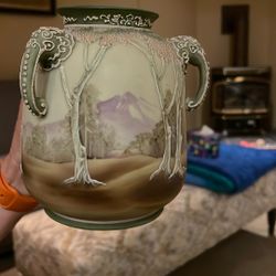 Nippon White Woodland Moriage Vase with Serpentine Handles