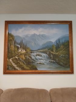 Framed huge 53" by 41" R Boren signed authentic painting waterfall oil on canvas