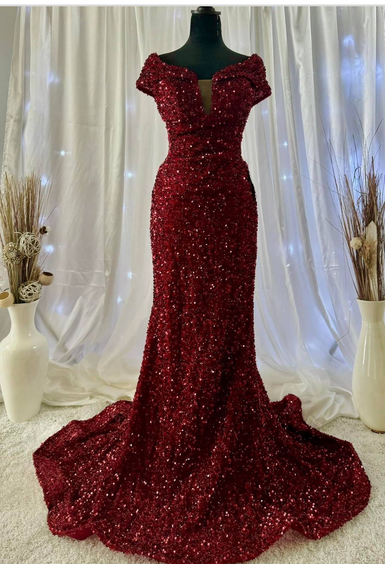 Burgundy Sequins Mermaid Off-Shoulder Dress
