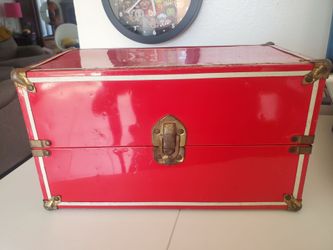 vintage 1950s red metal child's toy storage and doll wardrobe trunk