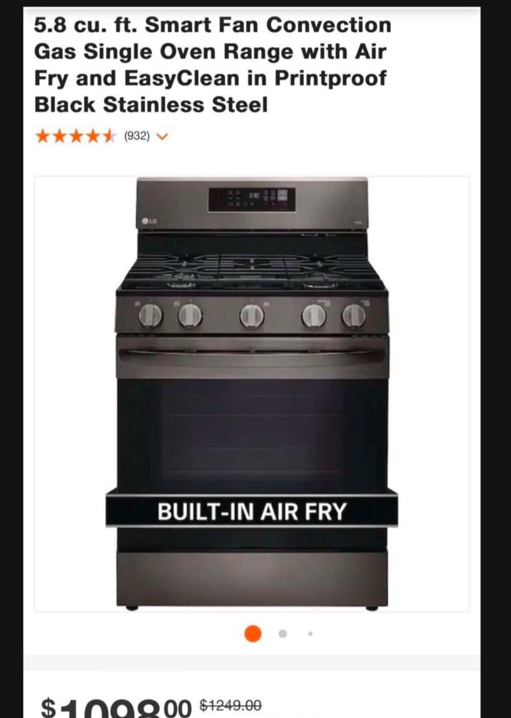 LG) "5.8 cu ft. Smart Wi-Fi Enabled Fan Convection Gas Range - Stainless Steel'