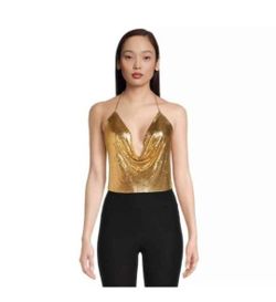 No Boundaries Women's Draped Neck Chainmail Halter Top, Gold Color