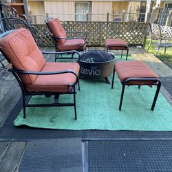 Metal patio set, includes chairs with cushions and fire pit, all in good condition