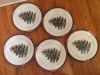 5 large Dinner Plates , Ribbons & Tree, Porcelain China