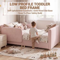 Toddler Bed Wood 3-in-1 Toddler Floor Bed with 2-Removable Rails Floor Bed Frame Outdoor Sectional No Mattress, Pink