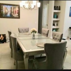 7 Piece Metallic Silver Rectangular Top Glass Dining Table And 6 Chairs 💥 Brand New 🌟 Financing Options ✅