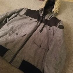 Ecko Unltd Faux Fur Quilted Heavy Duty Coat Mens Medium Gray Black Hooded Jacket