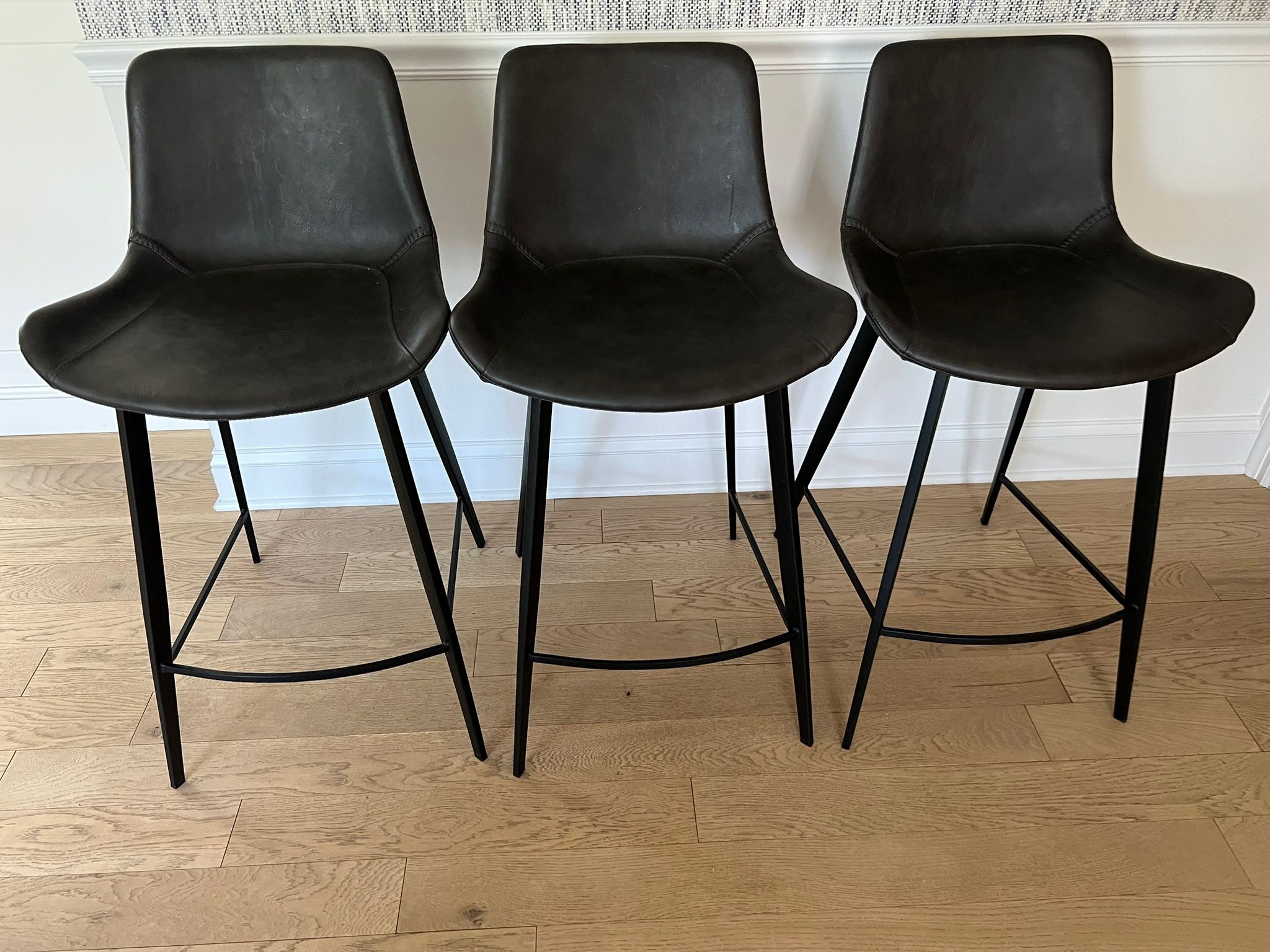 3 Faux Leather Arhaus Counter Height Stools in Excellent Condition Iron Base 25.5sh x 15sd x 19.5w Smoke free household