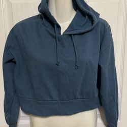 FOREVER 21 Crop Top Hoodie Women's Blue Long Sleeve Pullover Sweatshirt Sz Small