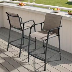 (2-Pack) Metal Outdoor Bar Stool Patio Bar Chairs with Armrests, Footrest and Breathable Textilene Seat