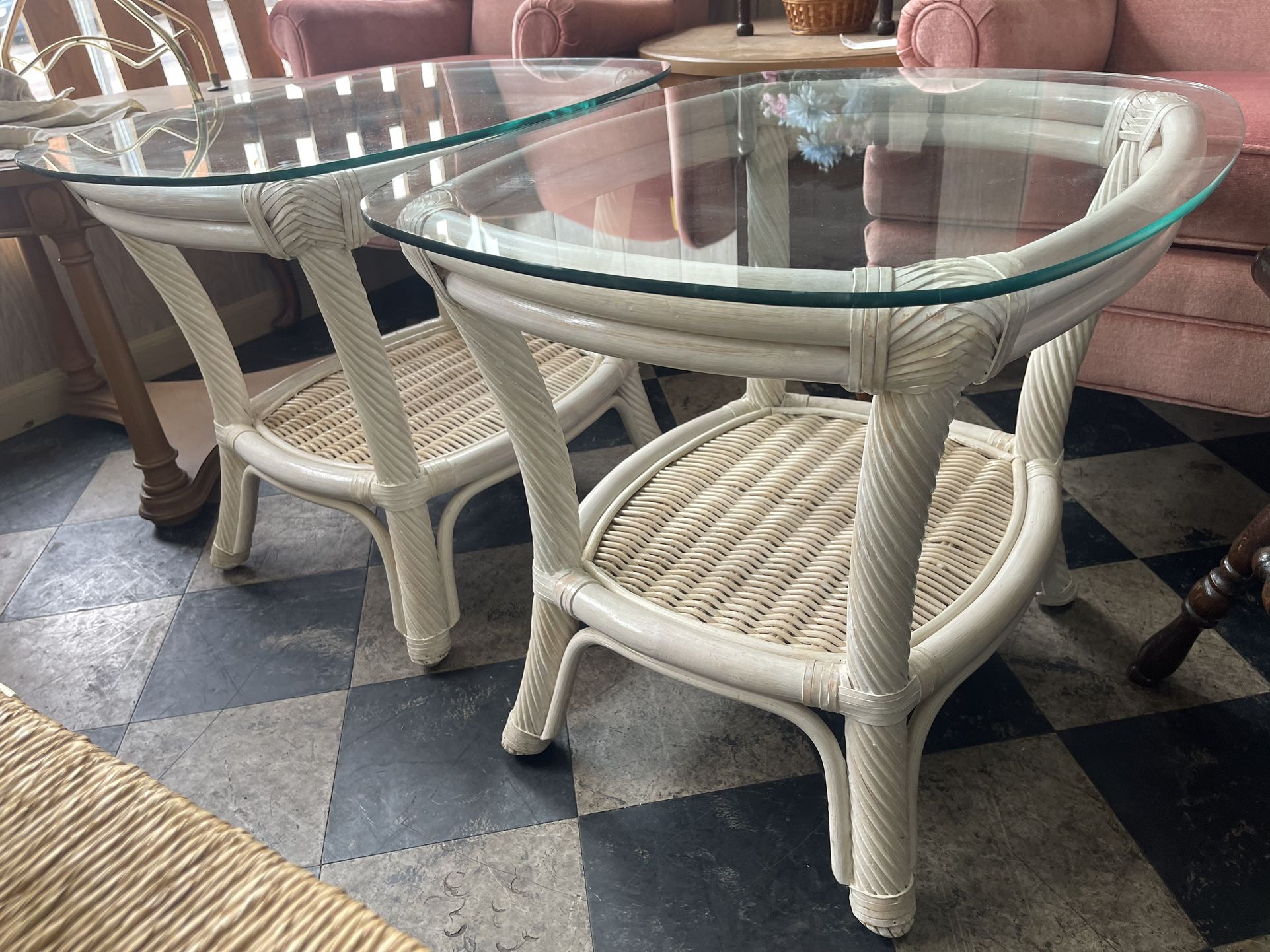 Matching Pair Of Rattan Glass Top End Tables