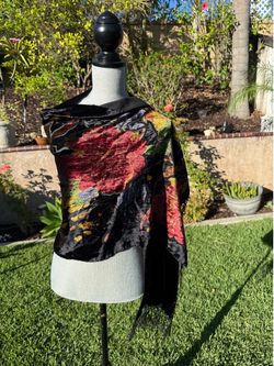 75” l Beautiful Black Floral Silk Velvet Burnout Fringe Shawl Scarf Evening Dress Coverup