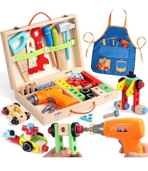 Kids Tool Set with Drill, Educational Montessori Toys for 3+ Year Old Boys 44 Pcs STEM Kids Toys Wooden Toddler Tool Set with Apron & Box Birthday Gif