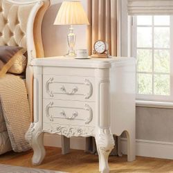 White Nightstand, End Table with 2 Drawers, Carved Bedside Tables, Side Table for Bedroom, Classic Bedroom Furniture, Night Stand White