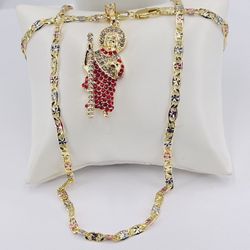 San Judas Tadeo, y cadena chapada en orò 14k/ Saint Jude Thaddeus and 14k gold plated chain