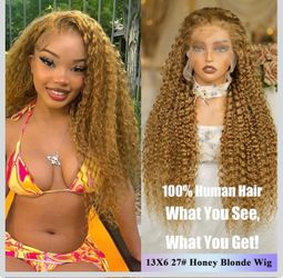 🔥Brand new🔥 13X6 Honey Blonde Wig Human Hair 27#Color Deep Wave Lace Front Wig Human Hair Pre-Plucked Curly Blonde HD Lace Front Wig 180% Density Fo