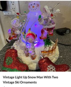 Vintage Light Up Snow Man With Two Vintage Ski Ornaments