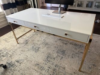 White Lacquer Desk with Gold Legs and Drawers