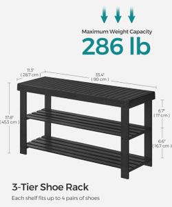 SONGMICS 35.4" Shoe Rack Bench 3 Tier Bamboo Entryway - Black