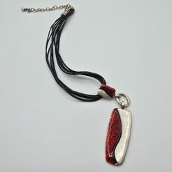 Chicos Red and Silver Pendant Necklace Spiral Pattern
