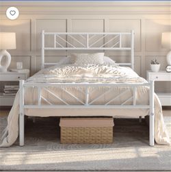 Twin Size Metal Platform Bed Frame with Headboard and Footboard, White