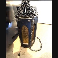 Mid-Century Modern MCM Swag Gothic Style Wrought Iron Hanging Lamp Amber Glass