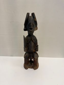 Hand Carved Teke Tribal Seated Dark Wood Figure Sculpture
