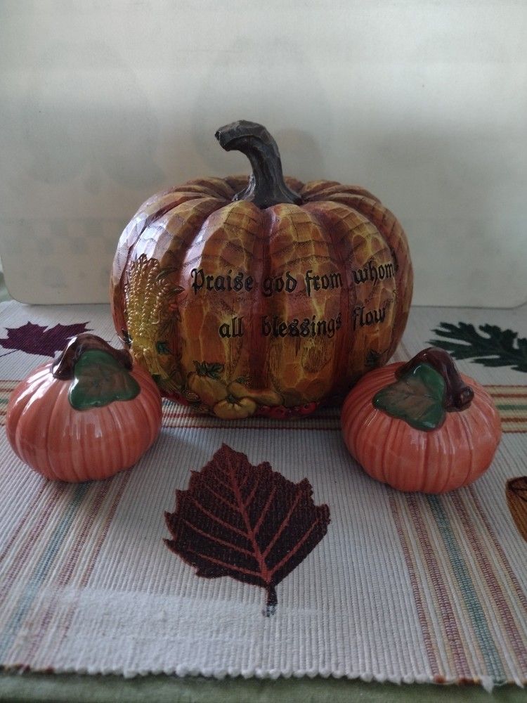 Just On Time, Ceramic Pumpkin, And Ceramic Salt And Pepper, Good Condition.